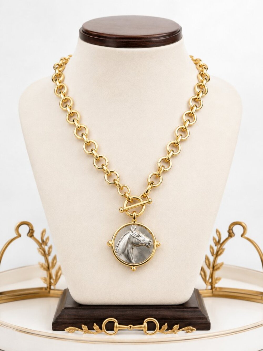 Two Tone Horse Head Medallion Necklace, Gold Toggle Chain Equestrian Jewelry, St